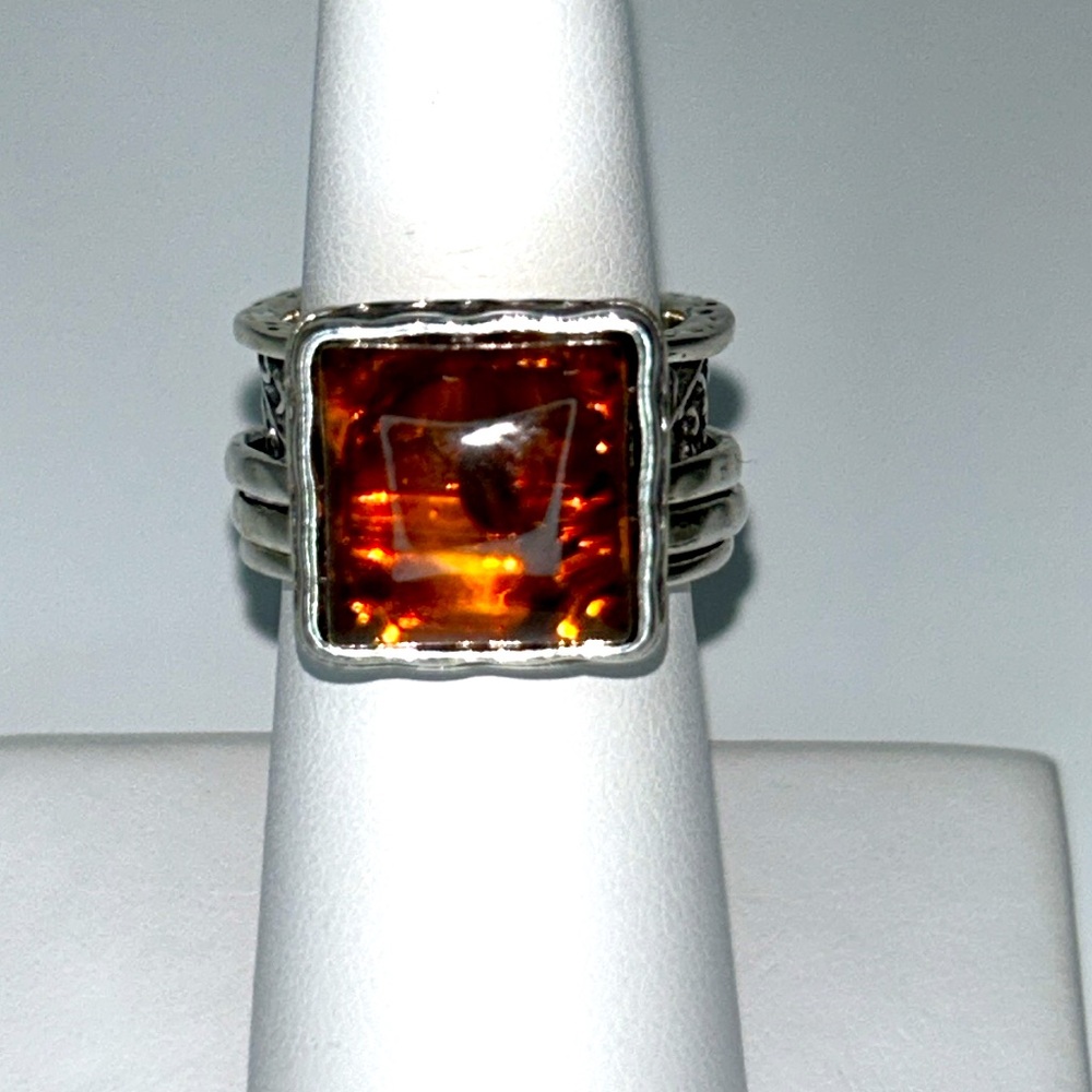 Passage to Israel Sterling Silver Genuine Baltic Amber Spinner Anxiety Ring Boho